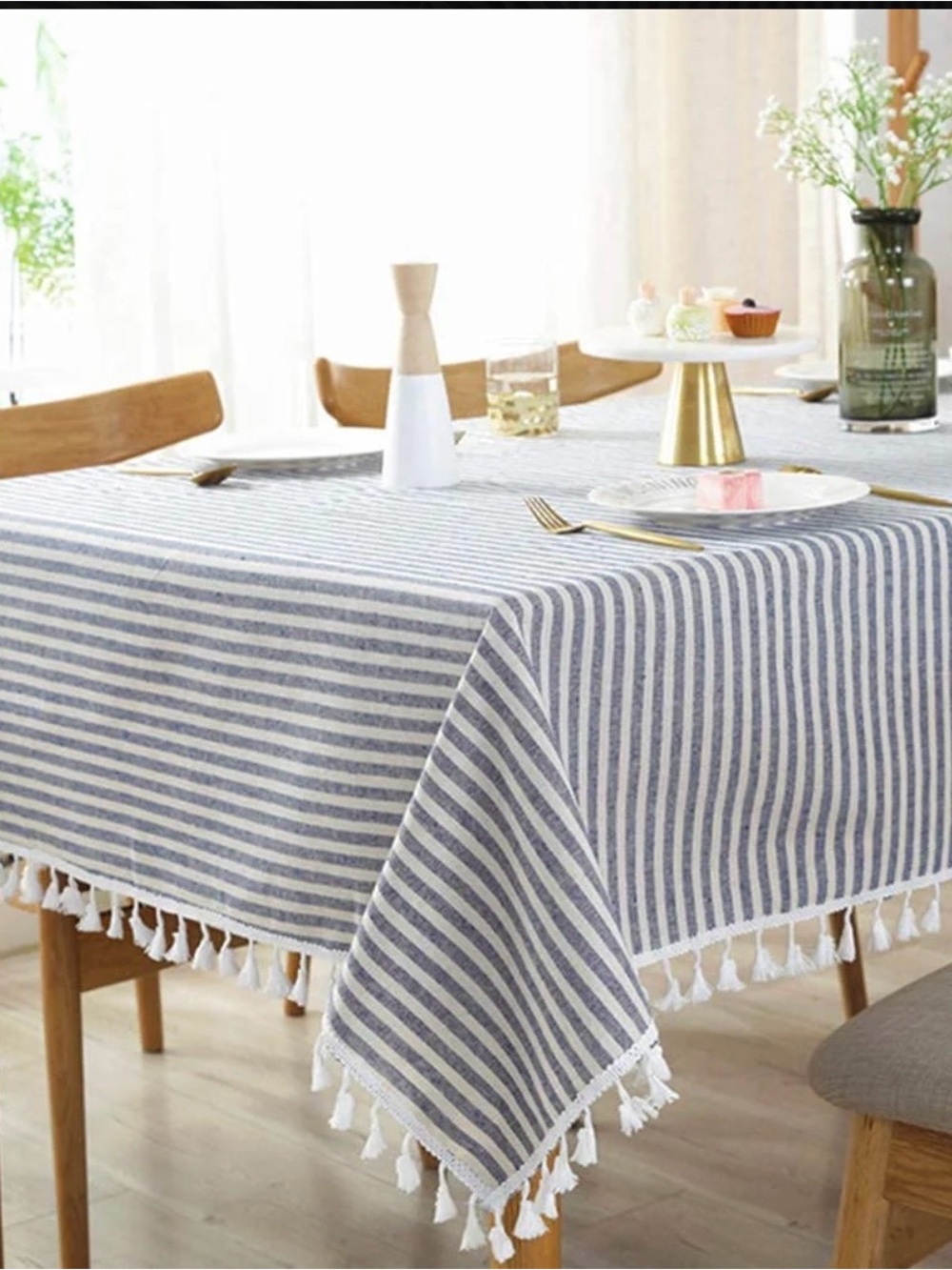 Striped Blue and White Tassel Tablecloth - Home Dining